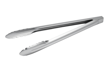 Stainless steel kitchen tongs with scalloped edges used for gripping and serving food.