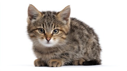 A European wildcat kitten with striped fur, sitting in the center, white background, high-resolution, detailed fur patterns, studio lighting