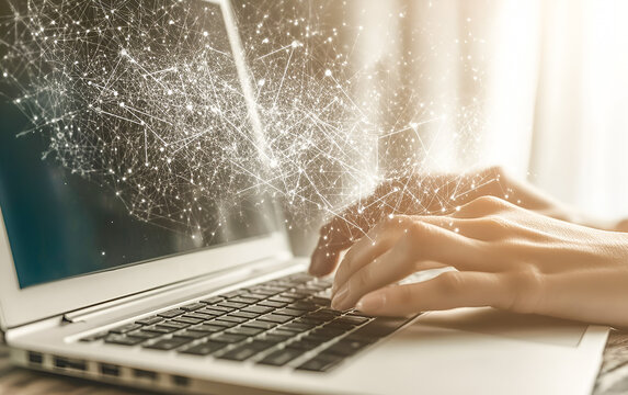Woman's hands typing on laptop computer with abstract network connection overlay representing data and connectivity.