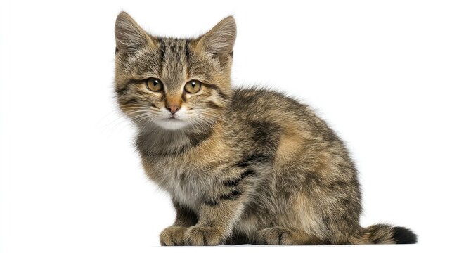 A European wildcat kitten with striped fur, sitting in the center, white background, high-resolution, detailed fur patterns, studio lighting