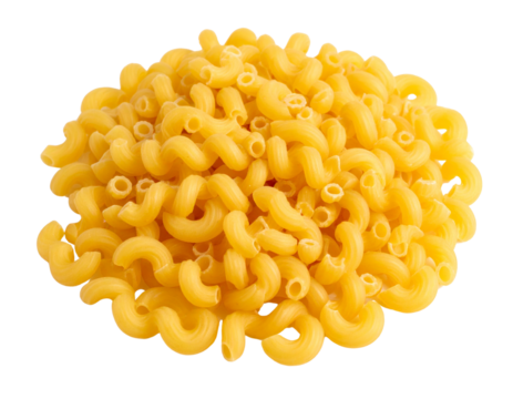 A pile of uncooked cavatappi pasta noodles with a spiral, tube-like shape.