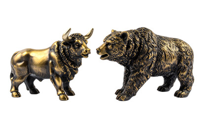 Bronze bull and bear figurines face each other, symbolizing opposing market trends in finance.