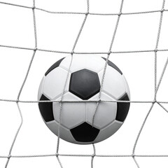 A classic black and white soccer ball caught in the net.