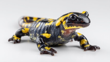 Obraz premium A fire salamander with black skin and yellow spots, sitting with legs splayed, centered on a white background, sharp focus, studio-lit, realistic detail