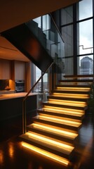 Obraz premium Illuminated Staircase in Modern Home Interior Low Angle View of Contemporary Design with Cityscape Background