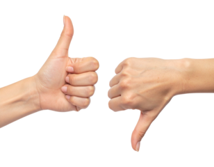 One hand shows a thumbs up, while the other hand shows a thumbs down.