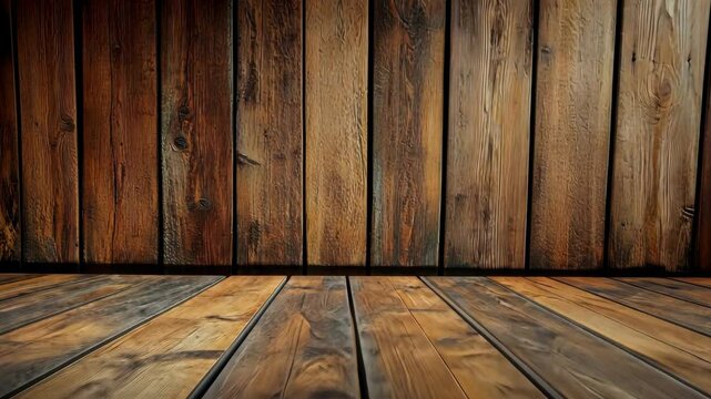 Rustic wooden wall and floor background. Rich, dark tones, vertical planks, textured surface
