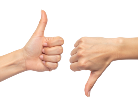 One hand shows a thumbs up, while the other hand shows a thumbs down.