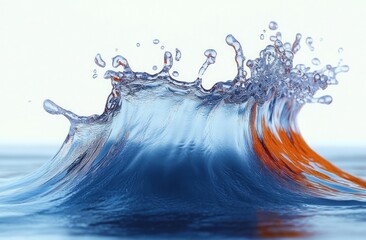 Close-up dynamic splash of clear blue water with rising droplets and reflections of orange hues creating a vibrant and energetic wave