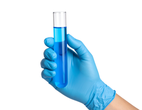 A gloved hand holds a test tube filled with blue liquid.