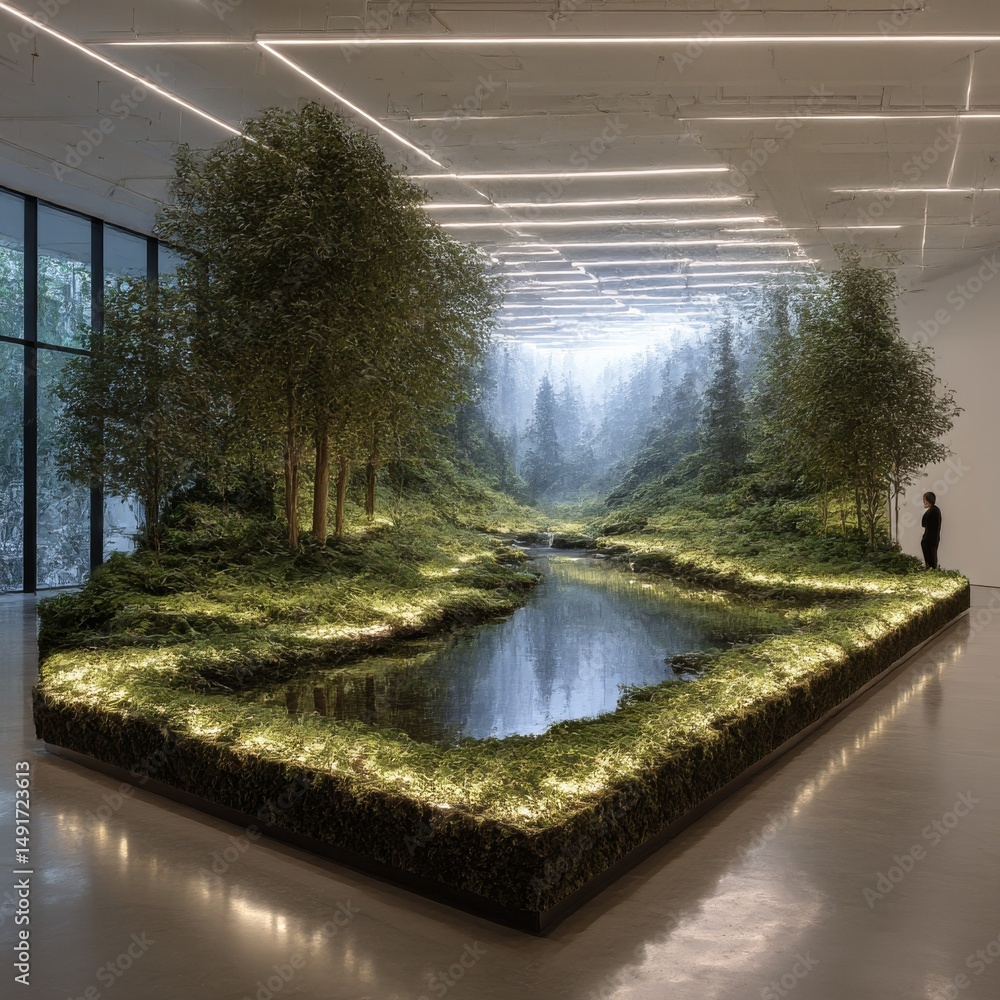Poster a breathtaking indoor forest installation bathed in artificial light, creating a surreal and captiva