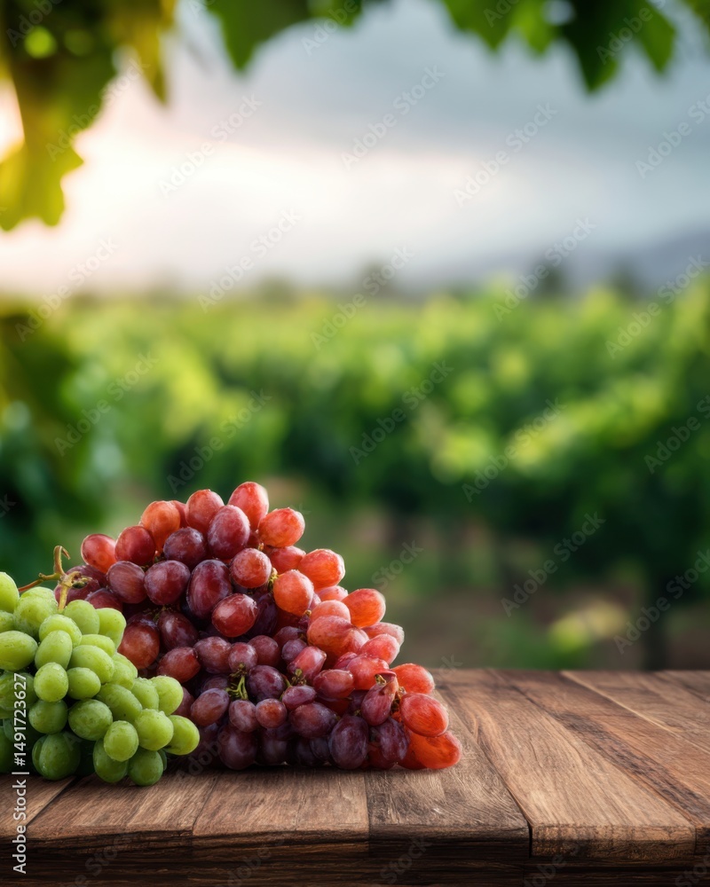 Poster fresh green and red grapes on wooden table in vineyard setting with soft focus background in natural