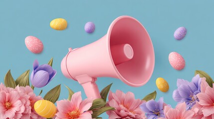 Pink megaphone with Easter eggs and flowers