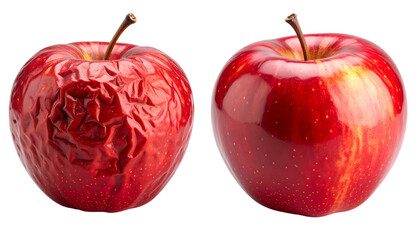 A wrinkled apple sits beside a fresh, shiny apple, highlighting the contrast between aged and ripe fruit.