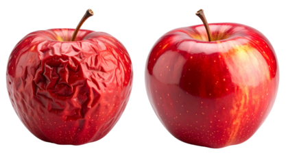 A wrinkled apple sits beside a fresh, shiny apple, highlighting the contrast between aged and ripe fruit.