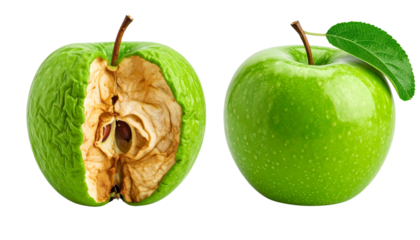 A fresh green apple and a decayed green apple are shown side by side, highlighting the contrast between freshness and rot.