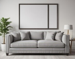 Chic grey sofa, framed prints, white backdrop ,  decor,  modern living room,  minimal