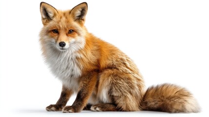 A full-body red fox sitting upright in the center of the frame, isolated on a pure white background, studio lighting, high-resolution, realistic photography