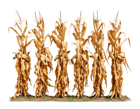 Six bundles of dried cornstalks tied together standing upright in a row.
