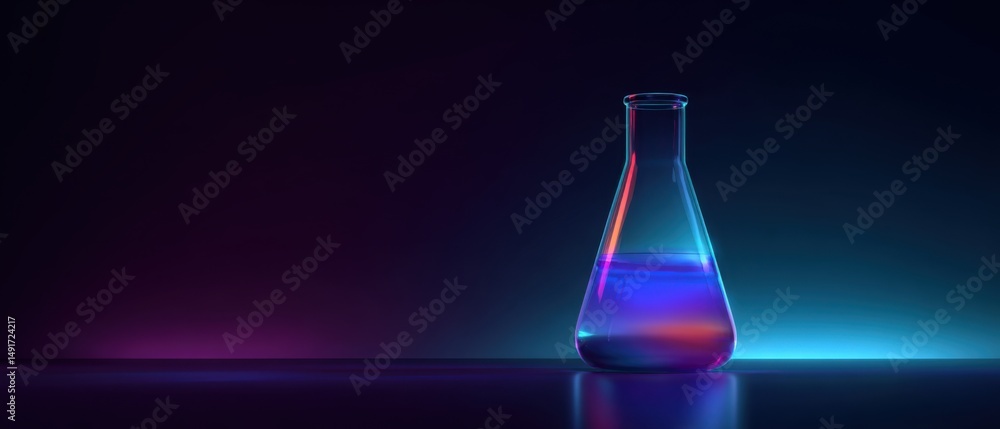 Poster erlenmeyer flask with liquid inside on table in dark laboratory with neon lights studio shot