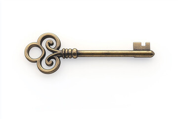 Isolated antique skeleton key with ornate head and brass finish on a white background