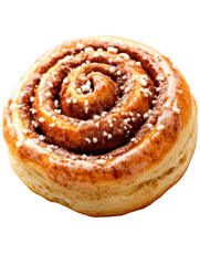 A single delicious cinnamon roll with icing and sprinkles sits isolated on a bright white background alone now.