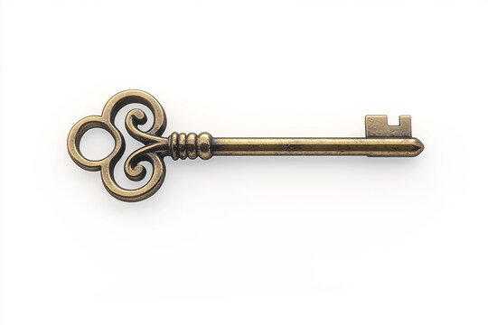 Isolated antique skeleton key with ornate head and brass finish on a white background