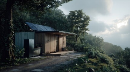Modern cabin retreat solar panels with nature escape, and mountain view.