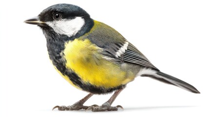 Obraz premium A Great Tit with black head and yellow underparts, perched centrally on a white background, detailed beak and feathers, studio-lit, photorealistic image