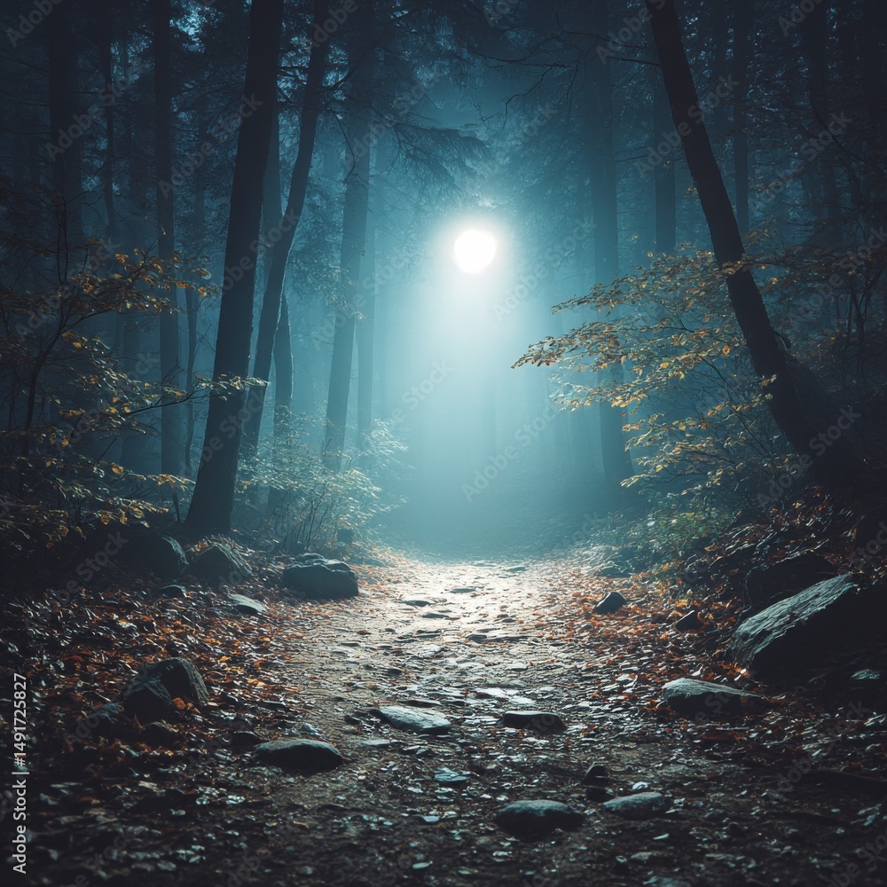 Poster mysterious forest path illuminated by moonlight, leading into the unknown, beckoning with eerie beau
