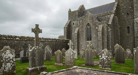 Ancient abbey graveyard under a cloudy sky