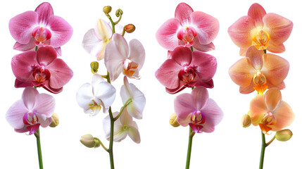 Elegant Orchid Blossoms in a Spectrum of Colors Isolated on White Background