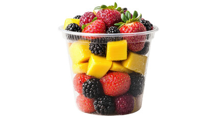 Fresh summer fruit salad of juicy strawberries mangoes and blackberries served in a clear plastic cup snack.