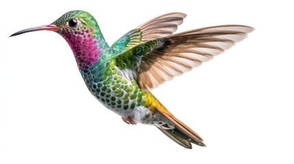 Obraz premium A hummingbird mid-flight with wings blurred from rapid movement, hovering in the center, white background, sharp focus on body, studio-lit, photorealistic