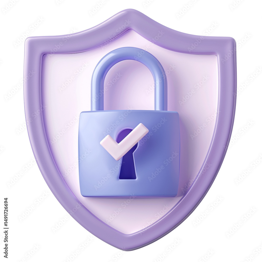 Poster stylized 3d shield icon with lock symbol for data protection and security