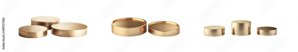 Poster set of row of various cylindrical objects in light beige and gold tones. isolated on transparent bac