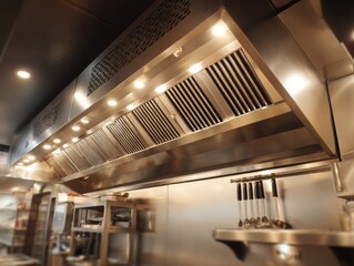 Stainless steel commercial kitchen exhaust hood system low angle view restaurant equipment ventilation system cooking appliance interior
