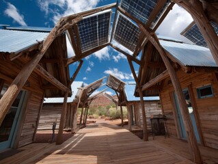 Obraz premium Unique Perspective of Solar Panels on Rustic Cabins in Eco-Friendly Resort, Low Angle View of Sustainable Architecture in Desert Location