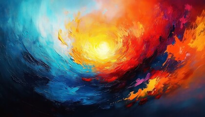 Vivid abstract painting with swirling bright blue, fiery red, and glowing yellow colors creating a dynamic energetic atmosphere