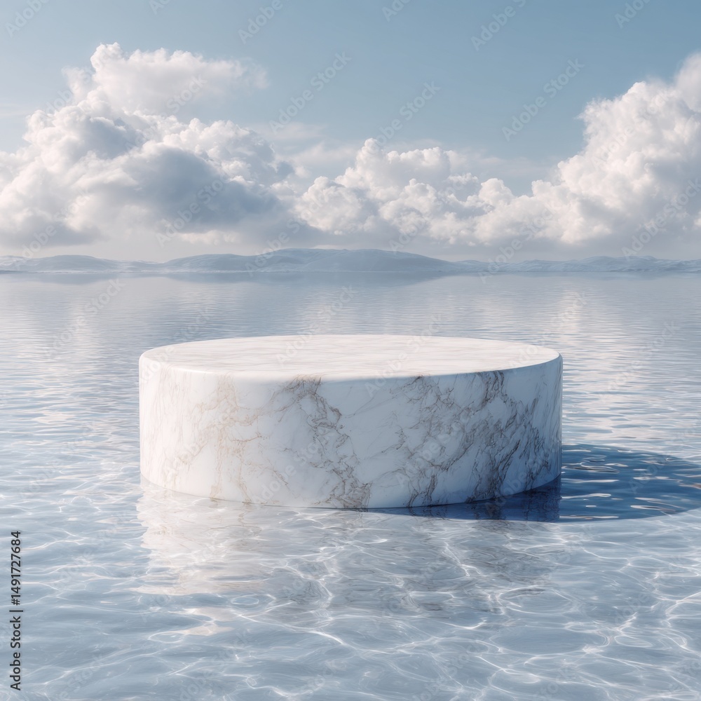 Poster marble podium on water surface with sky and clouds background product display stand stage mockup pre