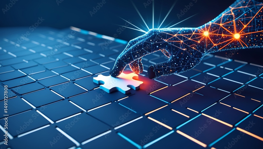 Aufkleber digital hand placing puzzle piece representing solution and technology integration concept