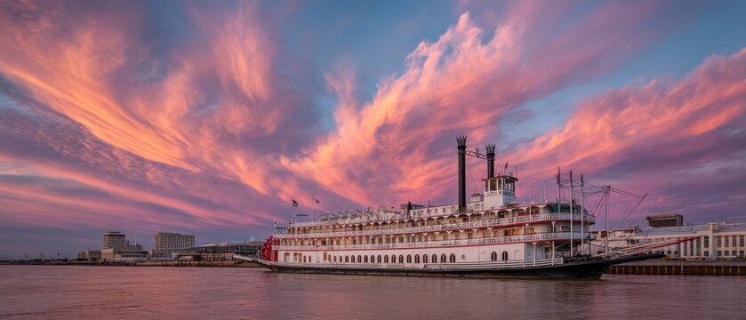 Majestic Riverboat at Sunset on Mississippi River in New Orleans Louisiana USA Scenic View of Steamboat with Dramatic Sky and Clouds
