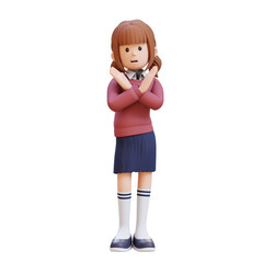 3D girl character crossing hand showing stop refusal sign