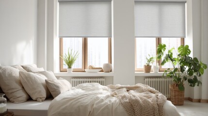Serene bedroom interior with roller blinds on windows, cozy bedding, plants on windowsill, natural light, eye level shot