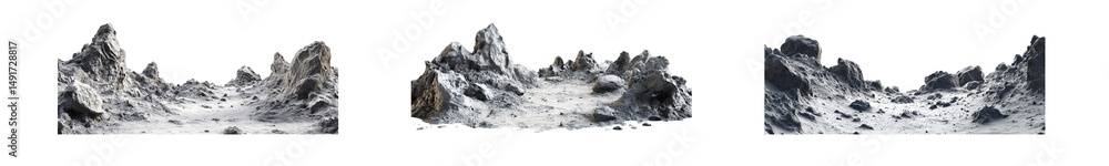 Poster set of dimensional grayscale rocky formations isolated on transparent background