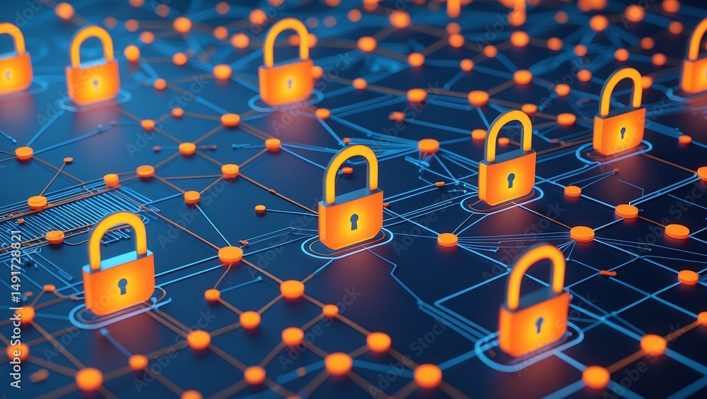 Poster digital security concept with padlocks symbolizing protection of data and information