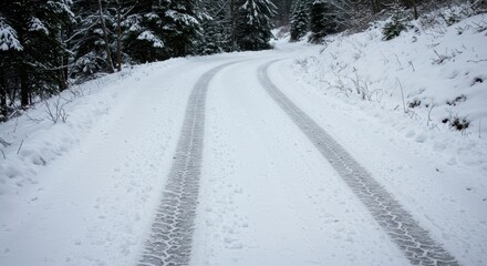 Snowy Road Winding Through Winter Forest