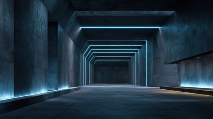 Obraz premium Dark, futuristic concrete tunnel lit with vibrant blue neon lights