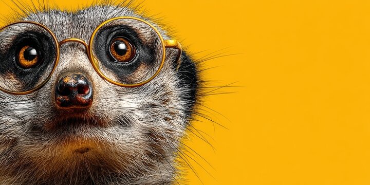 Smart Meerkat: A curious meerkat with round glasses staring directly at the camera, its intelligent eyes and inquisitive expression conveying a sense of curiosity. Ai image