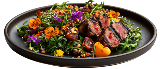 Close up shows tender grilled beef tenderloin steak salad with edible flowers on a dark plate.
